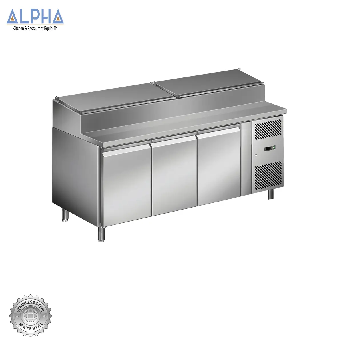 Stainless Steel Salad Chiller | Pizza Preparation Counter 3 Door | Salad Fridge | salad bar display