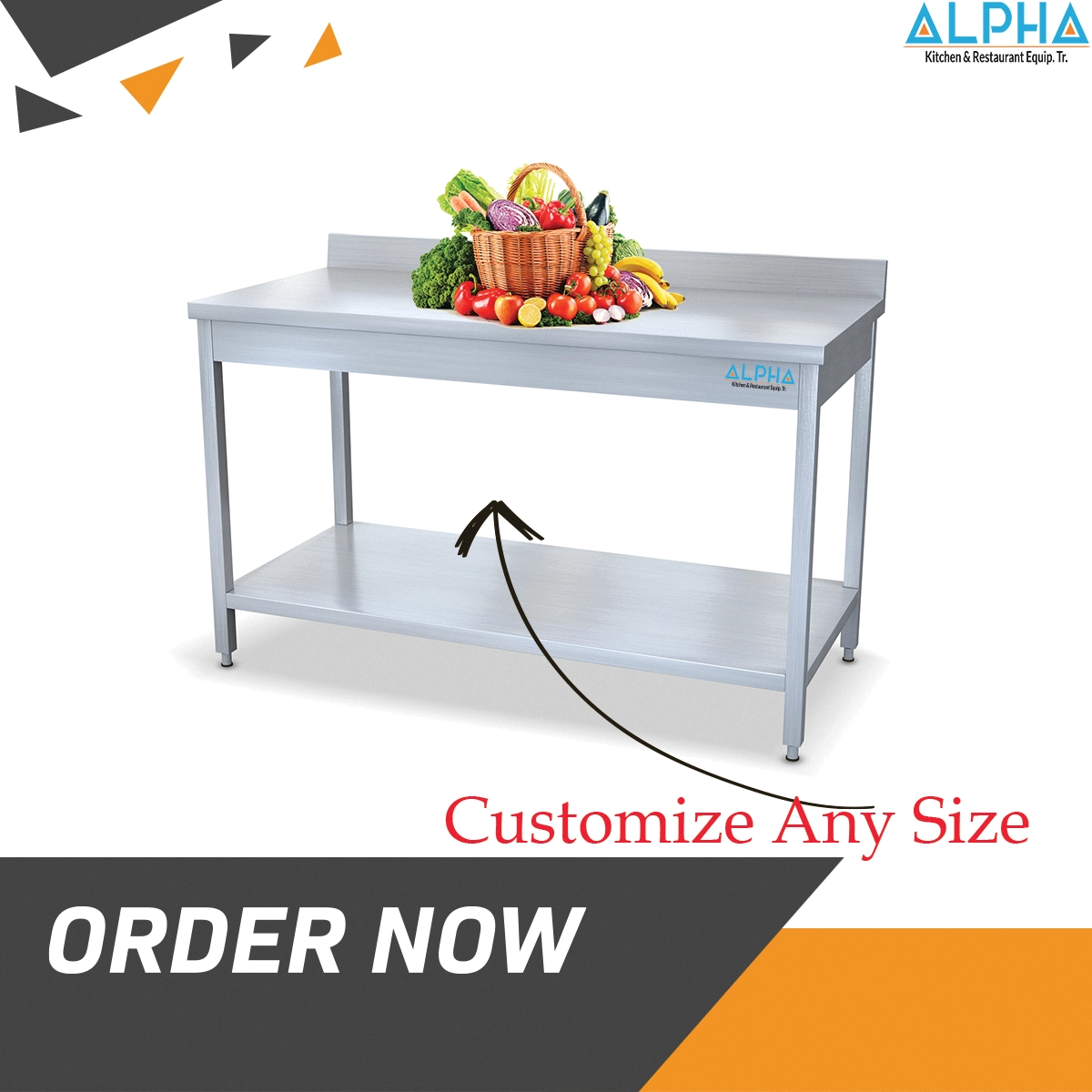 Stainless Steel Work Table + Bottom Shelf + Splash Edge | stainless steel work table in UAE | Best Stainless Steel Work Table in UAE | steel table Fabricator in UAE | ss kitchen table | Ss work table price | Stainless Steel Table | Steel table for kitchen uae, Stainless Steel Work Table with Shelf & Splash