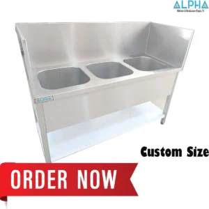 3 Bowl Stainless Steel Sink Unit, 3 bowl sink unit, stainless steel sink UAE, restaurant sink 3 compartment, commercial kitchen sink, custom size sink table, industrial washing sink, Alpha Kitchen sink, catering equipment UAE, commercial sink Dubai