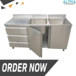 Stainless Steel Double Bowl Sink with Cabinet 180 cm – ALPHA Kitchen UAE commercial sink for restaurants.